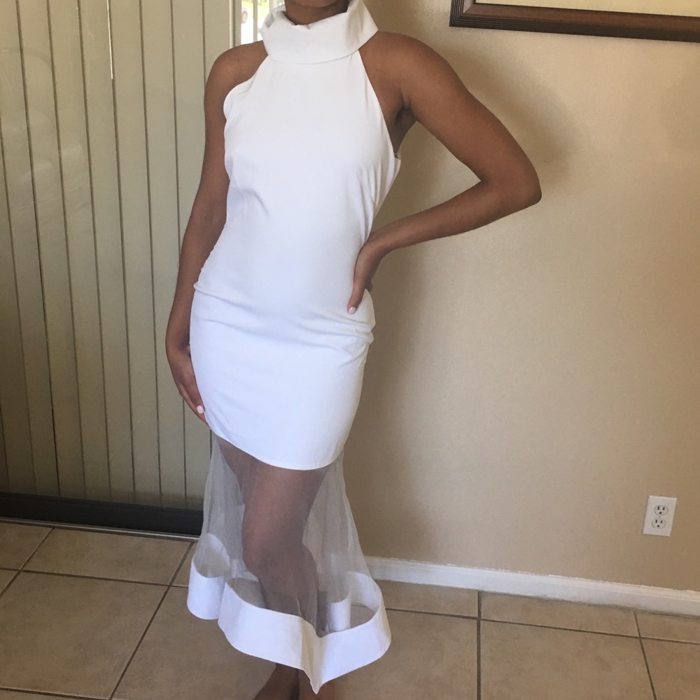 Sexy fitted white dress with clear mesh overhang!